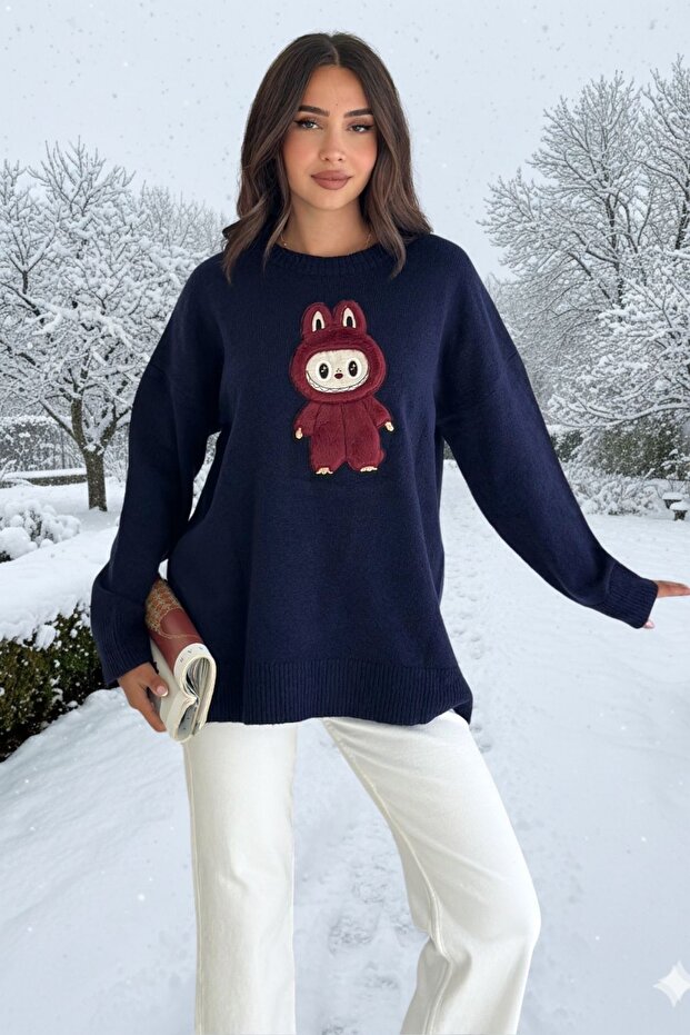Labubu Appliqué Embroidered Oversized Sweater | Gray, White, Burgundy, Yellow, Blue, Navy Blue, Pink 66022