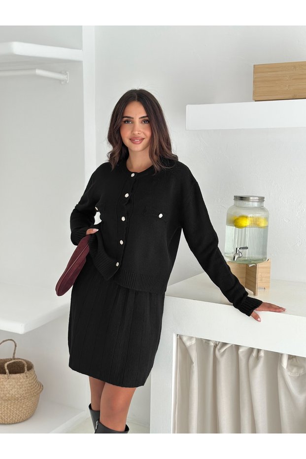 Buttoned Soft Texture Cardigan and Skirt Knitwear Set