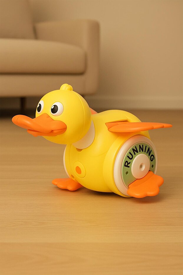 Sesli ve Işıklı Yürüyen Ördek Oyuncak – Kanat Çırpan, 360° Dönen, USB Şarjlı Foraging Duck - Sarı - 1