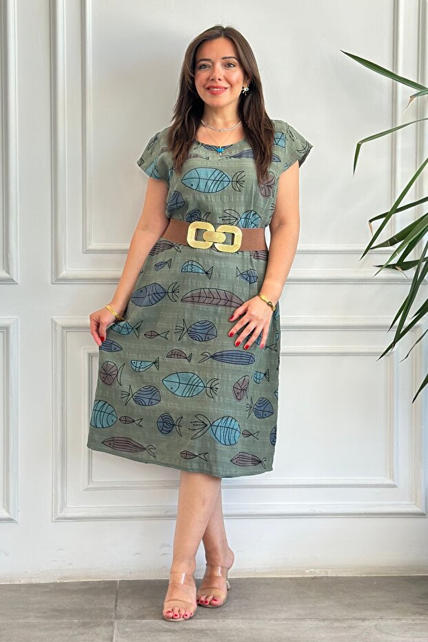 Imported Fish Pattern Short Sleeve Cotton Dress