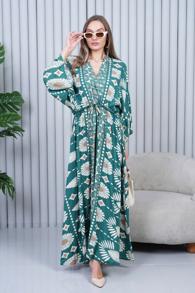 Women's Green Ethnic Authentic Patterned Balloon Sleeve Loose Oversize Long Dress