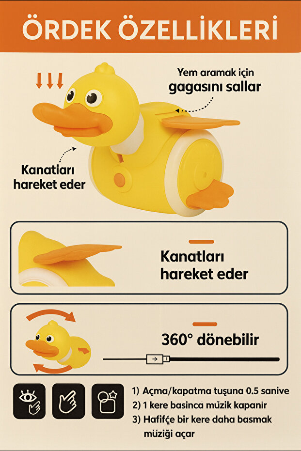 Sesli ve Işıklı Yürüyen Ördek Oyuncak – Kanat Çırpan, 360° Dönen, USB Şarjlı Foraging Duck - Sarı - 2