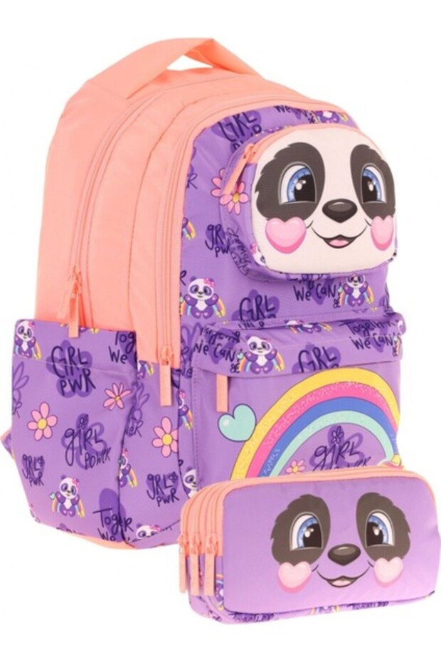 Kids Toys Girls Purple Salmon 3D Panda Shaped Elementary School Bag and Pencil Case Set (L5233+L8233)
