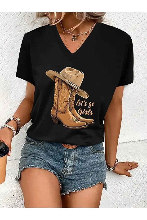 Cowboy Hat and Boots Printed Women's Oversize V-Neck T-Shirt