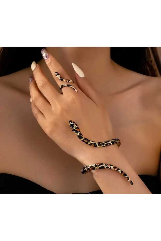 Leopard Pattern Metal Snake Bracelet Ring Set - 3
