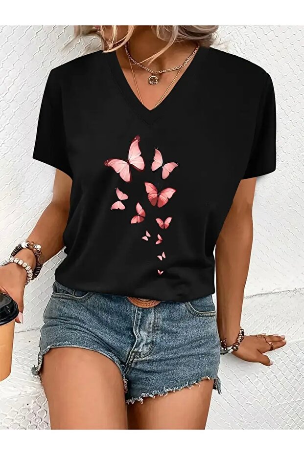 Pink Butterflies Printed Women's Oversize V-Neck T-Shirt