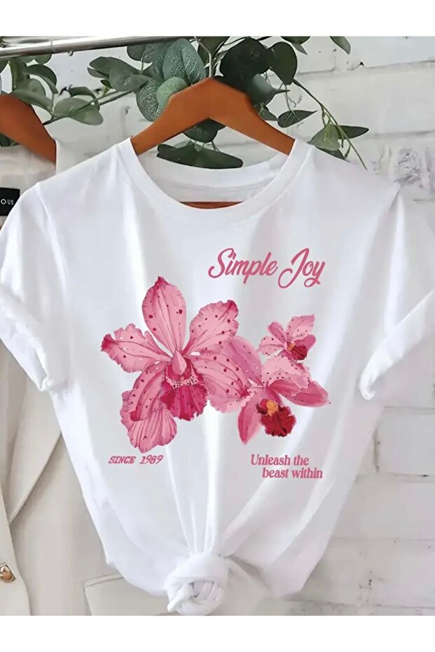تي شيرت بسيط برقبة دائرية مطبوع عليه زهور من JOY