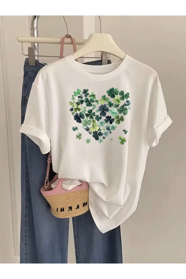 GREEN FLORAL HEART PRINT OVERSIZE CREW NECK T-SHIRT