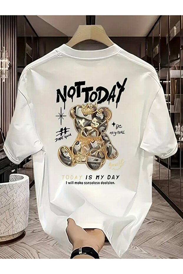 تي شيرت برقبة دائرية كبيرة الحجم مطبوع عليه NOT TODAY AYICIK