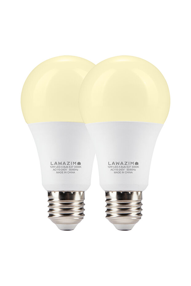 لمبة LED 12 وات A65 E27 - عبوة من قطعتين، 3000 كلفن، أبيض دافئ، مصابيح موفرة للطاقة، 960 لومن