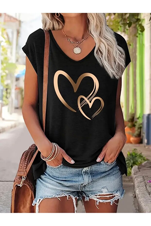 Heart Printed Women's Oversize Sleeveless T-Shirt