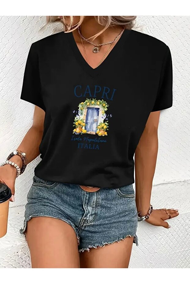 Capri Italian Printed Women's Oversize V-Neck T-Shirt