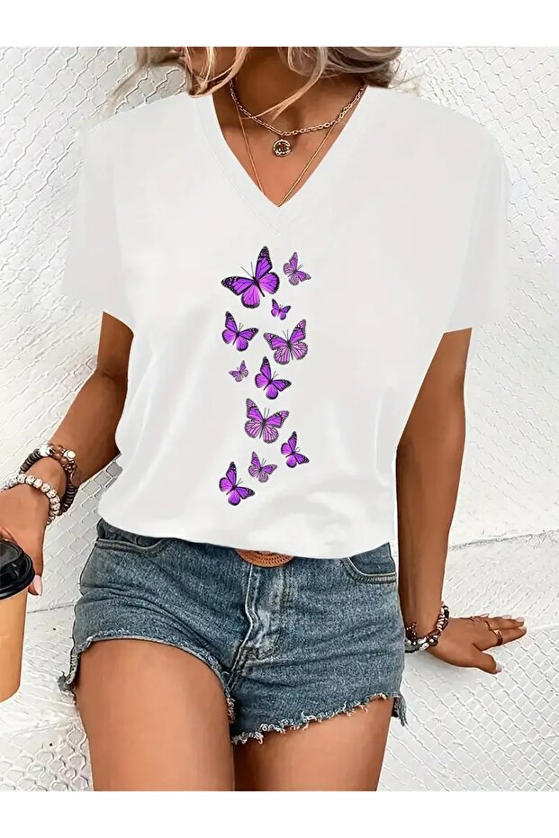 Purple Butterflies Printed Women's Oversize V-Neck T-Shirt