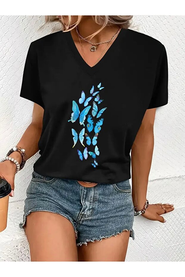Blue Butterflies Printed Women's Oversize V-Neck T-Shirt