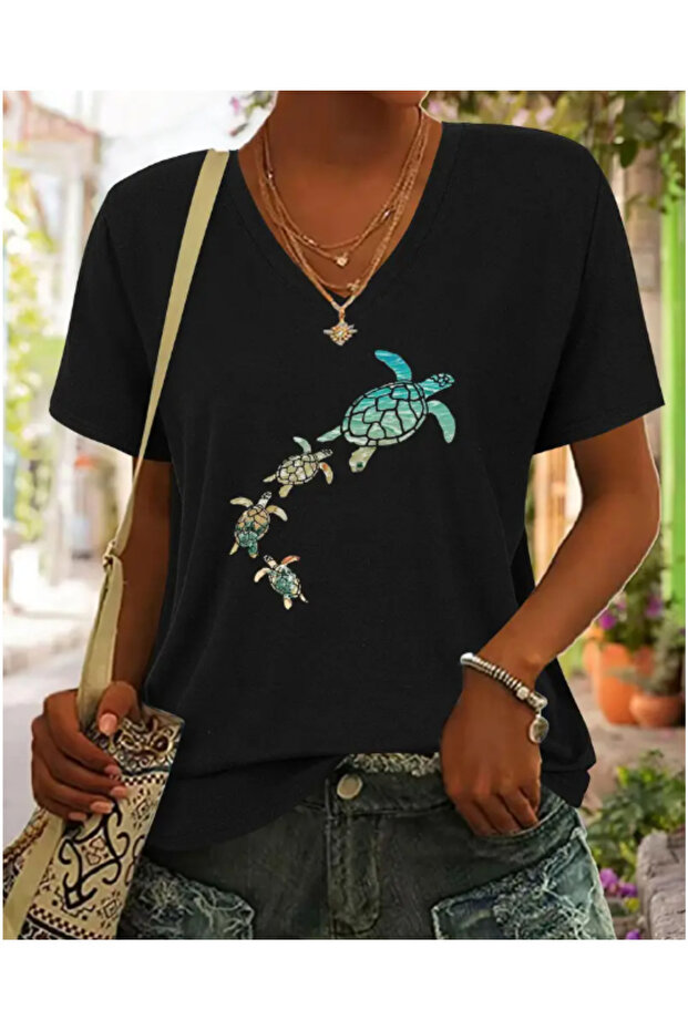 V-Neck Oversize Caretta Caretta Printed T-Shirt