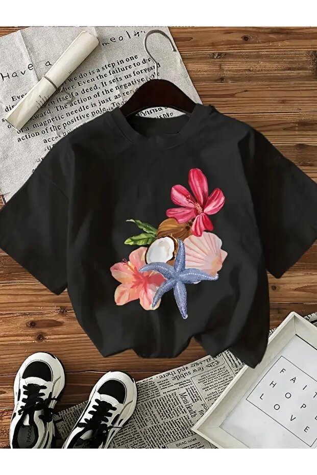 STARFISH AND FLOWER PRINT OVERSIZE CREW NECK T-SHIRT