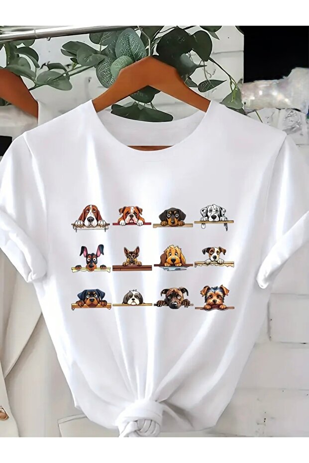 Dogs Printed Oversize Circle Neck T-Shirt