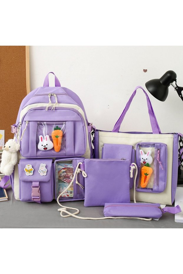 Set of 4 School Bags with Transparent Pockets (Backpack+Shoulder(Tote)+Pencil Case+Mini Crossbody) – 44 cm - Black/Purple/Pink/Blue