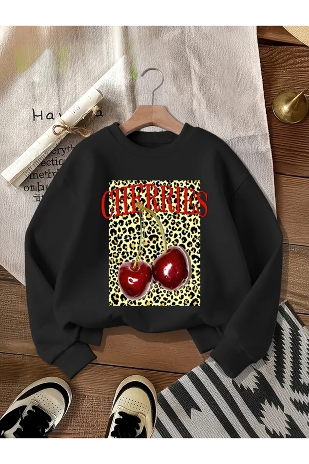 Cherri̇es Leopard Printed Oversize Unisex Women/Men's Crew Neck Sweatshirt