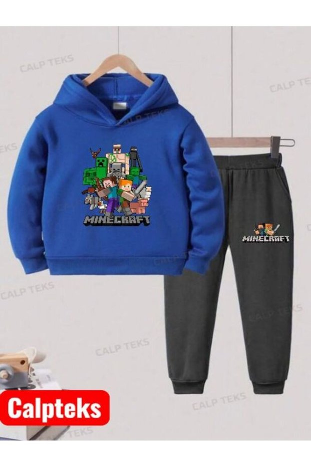 Karemi̇necraftt Printed Thick Cotton Hoodie Children's Tracksuit Set