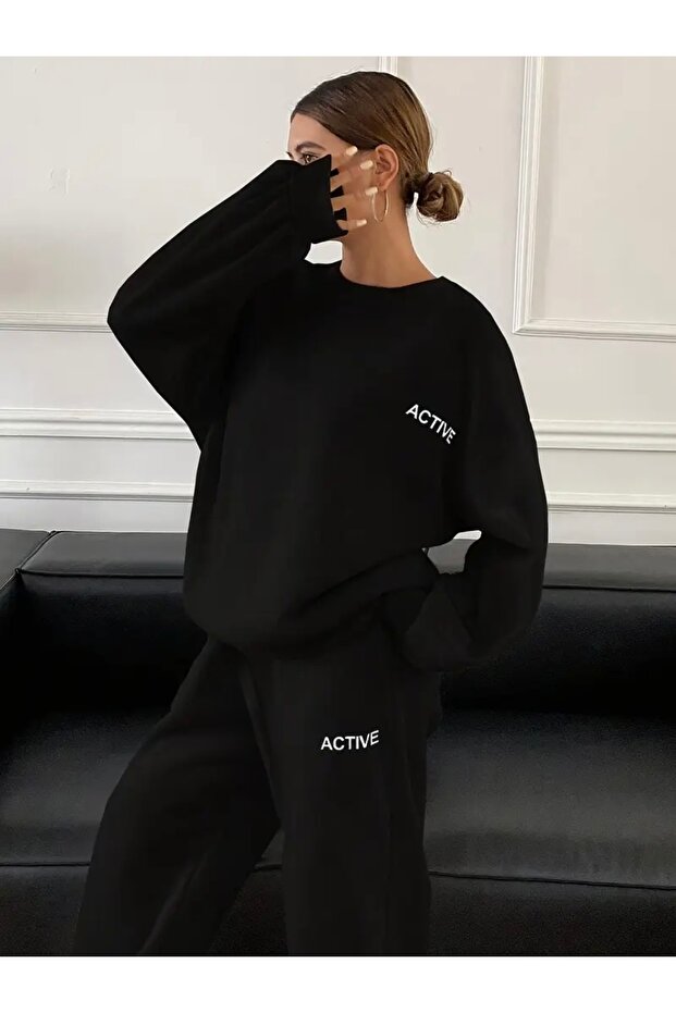 Active Printed Unisex Oversize Circle Neck Bottom/Upper Tracksuit Set