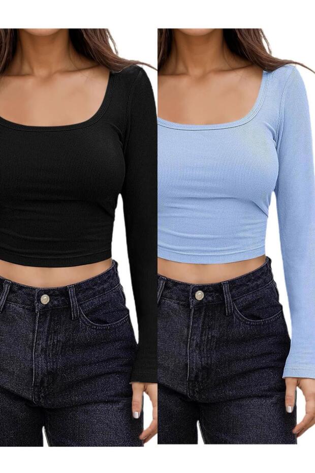 Women's 2Pcs Square Neck Ribbed Camisole Crop Long Sleeve Blouse