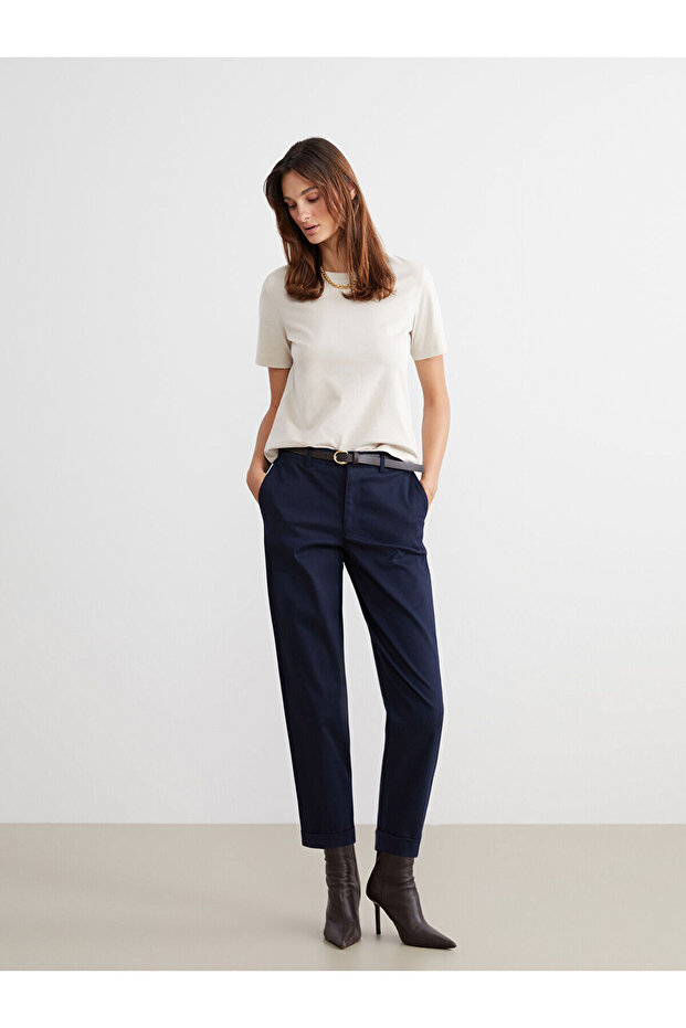 Navy Blue Women's Carrot Cut Pants with Belt