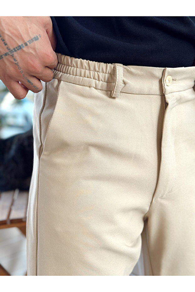 Baggy Basic Tek Düğmeli Jogger Pantolon Krem - 4