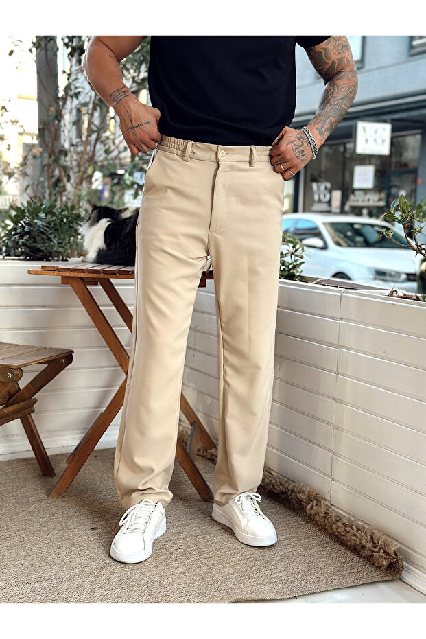 Baggy Basic Tek Düğmeli Jogger Pantolon Krem - 2