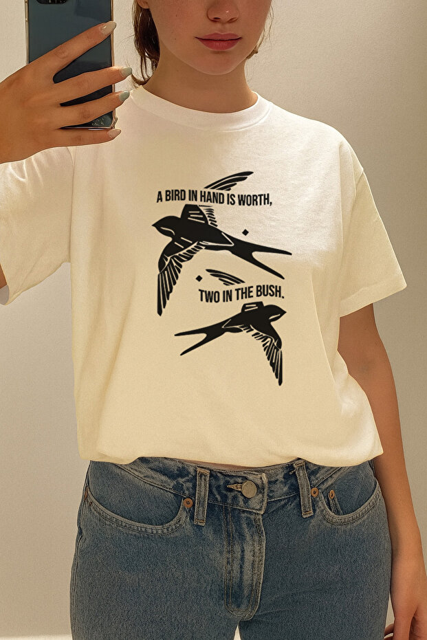 Unisex Basic Baskılı T-Shirt | Krem