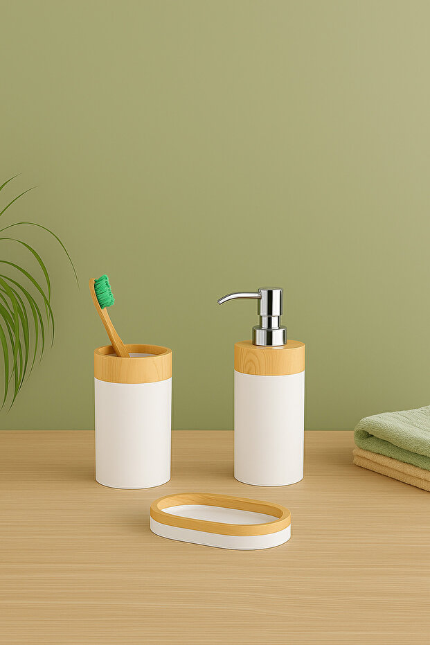 Limpia Bambu Patterned 3-Piece Bathroom Set Liquid Soap Dispenser, Toothbrush Holder, Solid Soap Holder