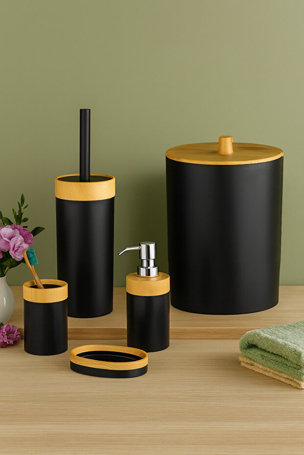 Limpia Bambu Patterned 5-Piece Bathroom Set with Trash Can, Liquid Soap Dispenser, Toothbrush Holder