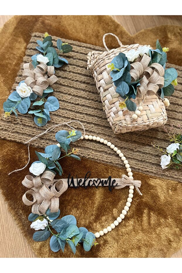 Okaliptus Çiçeği 3'lü Set Kapı Süsü Paspas Kapı Sepeti - 1