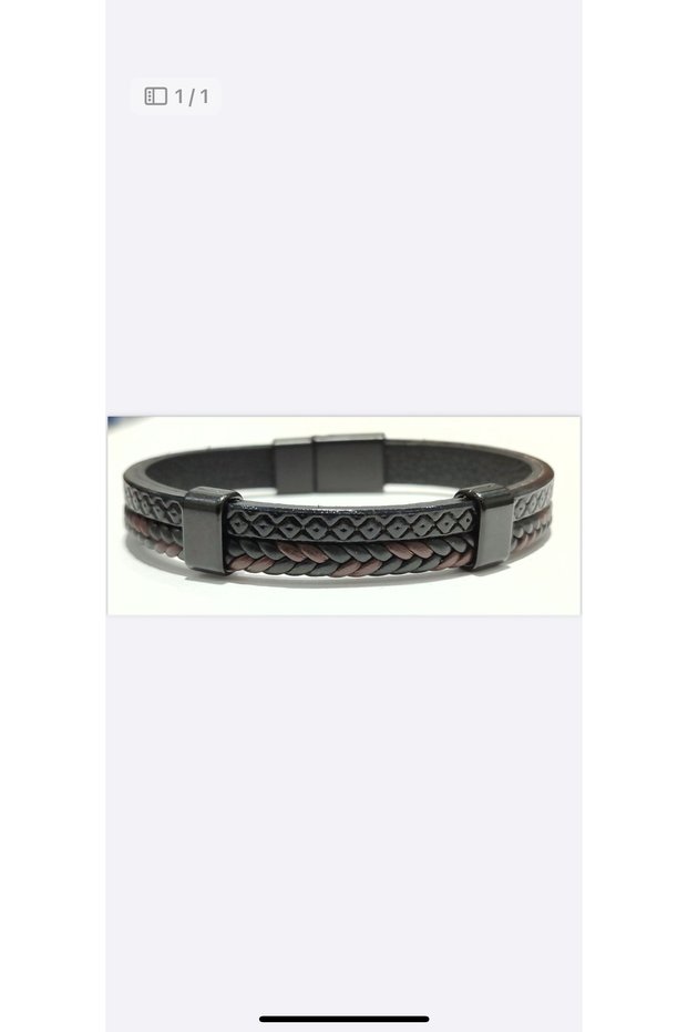 Bracelet Men's Black Leather Braided Detailed Steel Bracelet