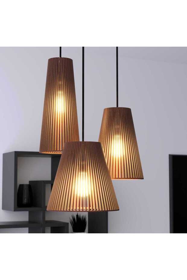 3lü Ahşap Avize Salon Avizesi Rustik Avize - 5