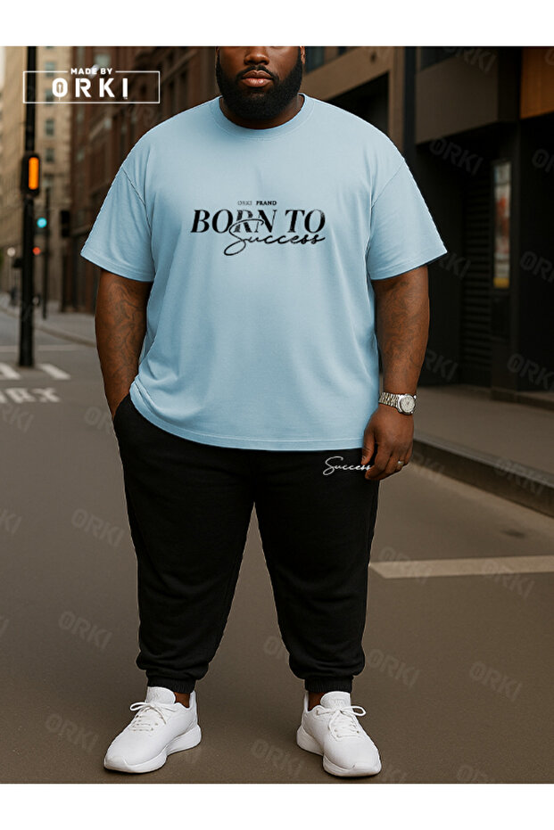 Born to Succeed Printed Oversized Light Blue T-Shirt & Black Pants Tracksuit Set