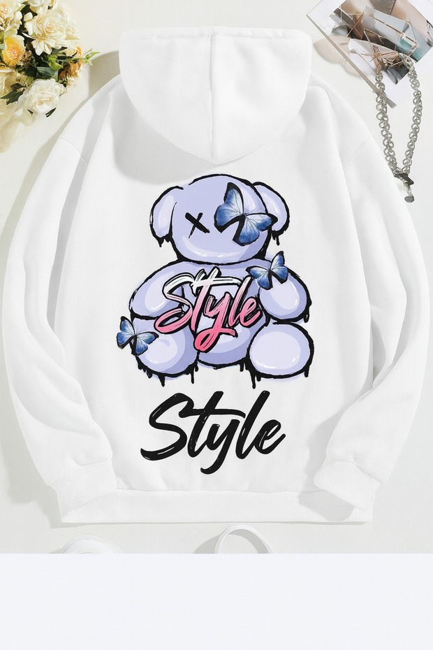 Unisex Oversize 3 Thread Hoodie 🧸 🦋 ✨ Style Bear Patterned Hooded Sweatshirt Casual Comfortable Streetwear
