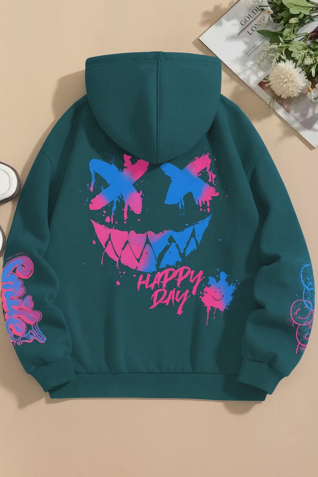 Unisex Oversize 3 Thread Hoodie 😁 🎨 ✨   Happy Day Graffiti Patterned Hooded Sweatshirt Streetwear