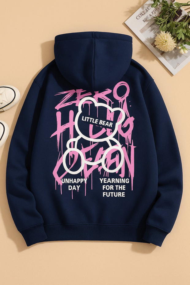 Unisex Oversize 3 Thread Hoodie 🧸 🎨 💥   Little Bear Graffiti Patterned Hooded Sweatshirt Streetwear