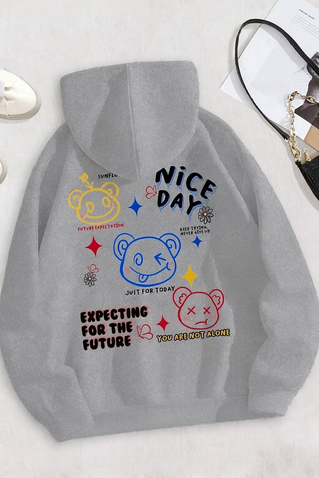Unisex Oversize 3 Thread Hoodie ๐งธ ๐ ๐ Nice Day Bear Patterned Hooded Sweatshirt Casual Streetwear