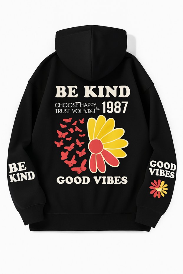 Unisex Oversize 3 Thread Hoodie ๐ธ ๐ฆ ๐ Be Kind Good Vibes Patterned Hooded Sweatshirt Casual Style