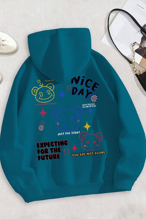 Unisex Oversize 3 Thread Hoodie 🧸 🌟 🌈   Nice Day Bear Patterned Hooded Sweatshirt Casual Streetwear