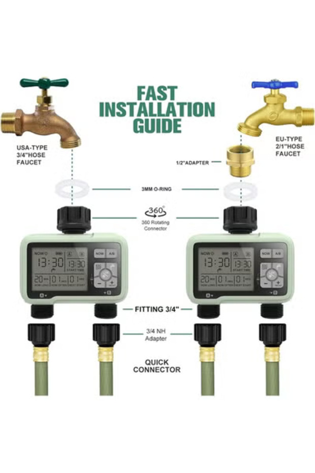 Digital Water Timer Programmable Sprinkler with Rain Delay Large LCD Display - 1 to 2 Point - 8