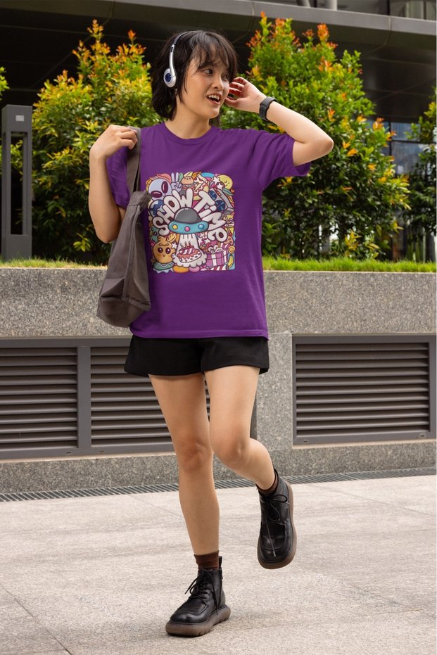 Girl/Woman Show Time Figure Transfer Printed Round Neck Short Sleeve T-Shirt