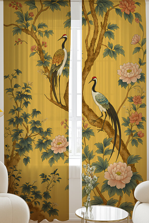 Sarı Turna Kuşu Çiçekler Desenli Çift Kanatlı Tül Perde Oturma Odası Salon Mutfak 140x260cm - 1