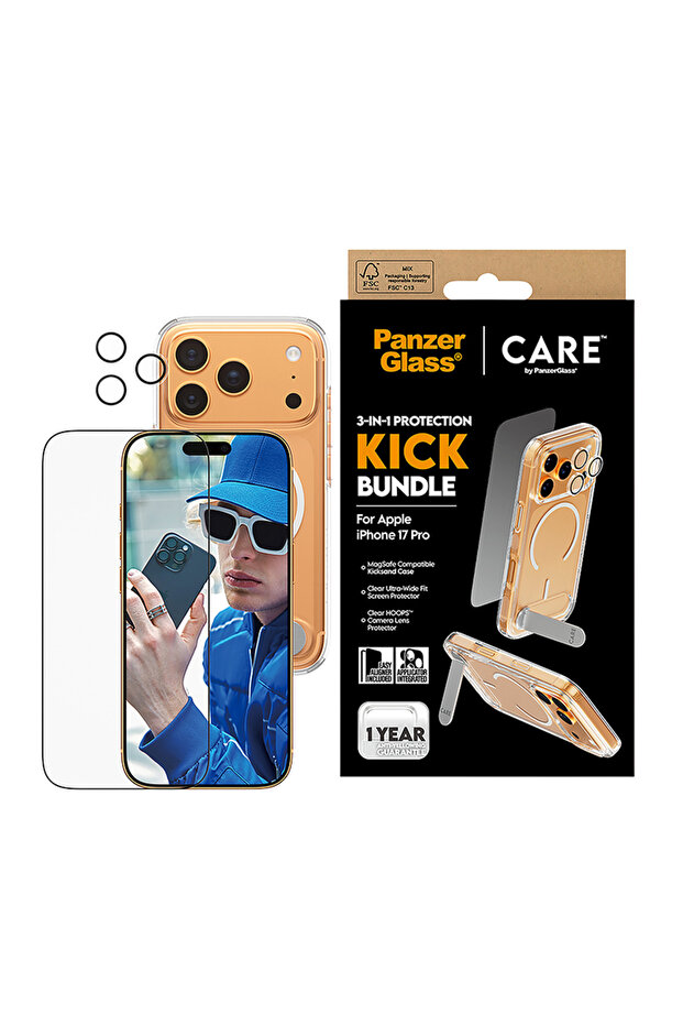 مجموعة حماية CARE 3 في 1 - ميزة Kick لهاتف iPhone 17 Pro - شفاف
