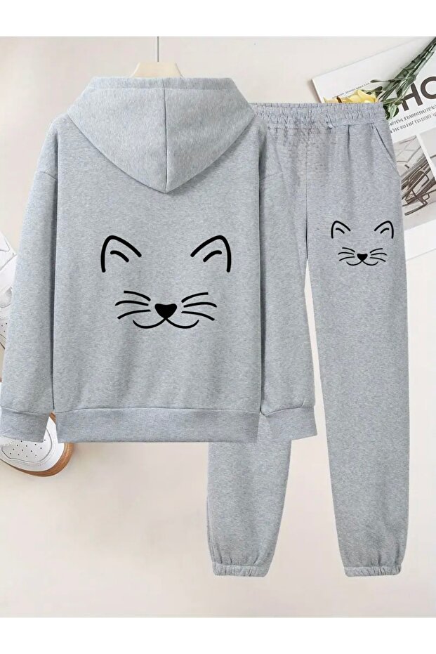 Cat Printed Unisex Women/Men Hoodie Oversized Bottom/Up Tracksuit Set