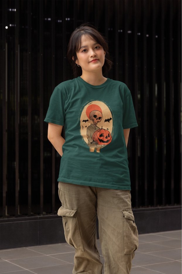 Girl/Women's Skeleton Pumpkin Transfer Printed Round Neck Short Sleeve T-Shirt