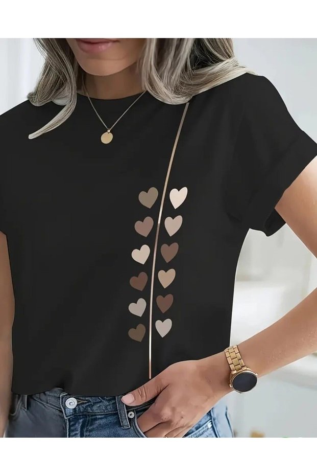 Women's Black Heart Path Printed Crew Neck