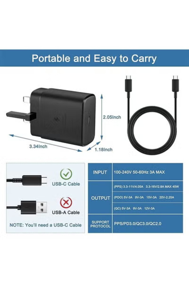 Pack Of 2 45W USB-C Fast Charger for Galaxy A53/S21/S20/Note 20/10+ with Type-C Cable - 2